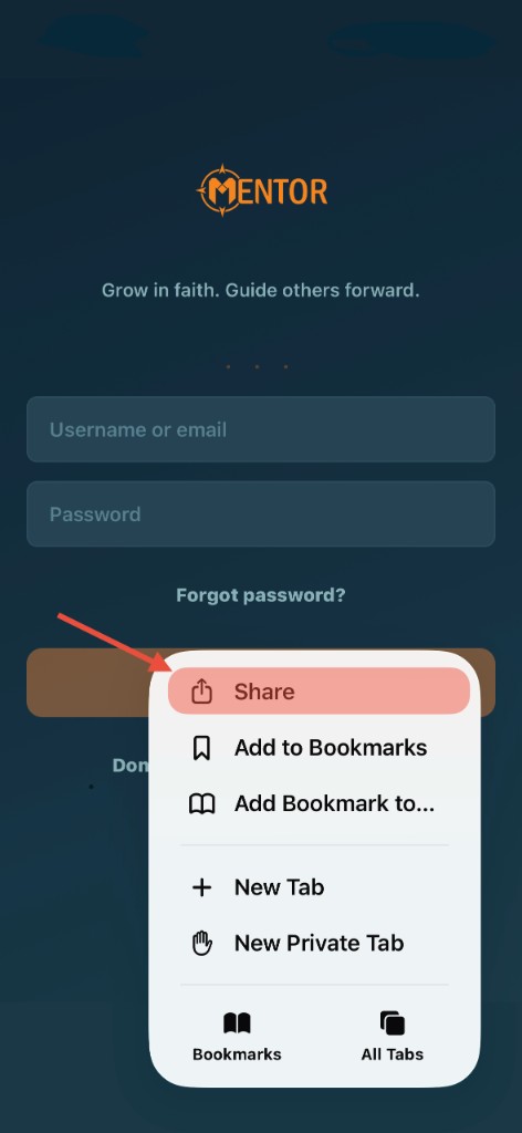 Safari browser menu with Share option highlighted