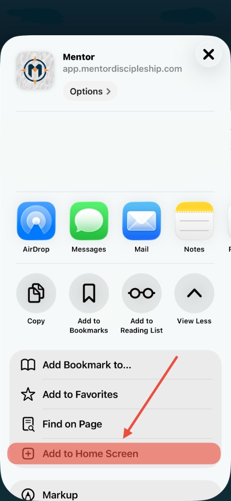 iOS share sheet with Add to Home Screen highlighted