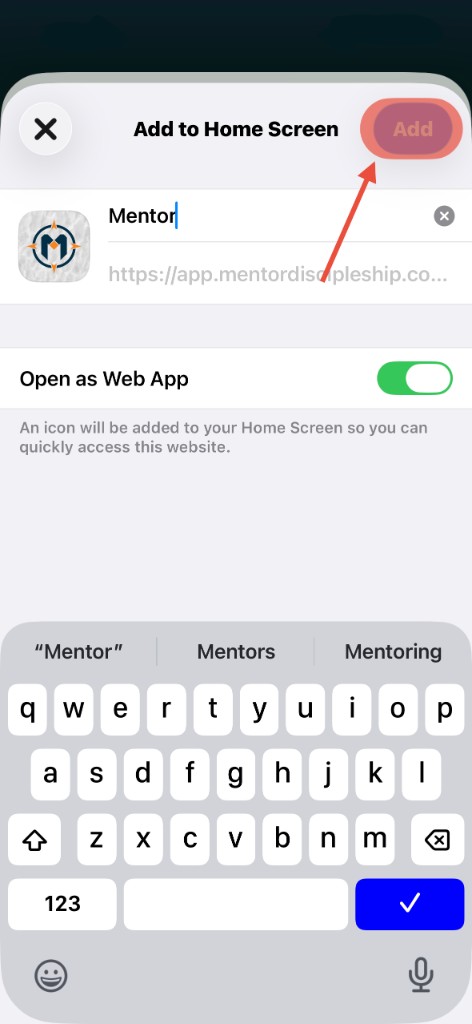 Add to Home Screen confirmation screen with Add button highlighted